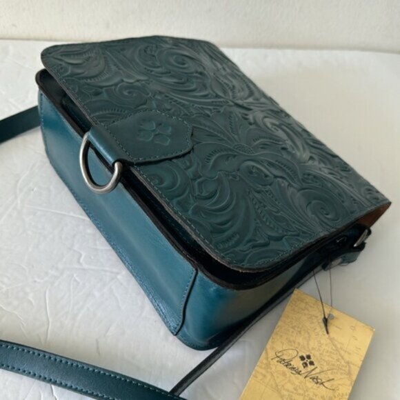 Patricia Nash Ilina Leather Tooled Flap Handbag Blue Coral Crossbody D Ring - Picture 9 of 15